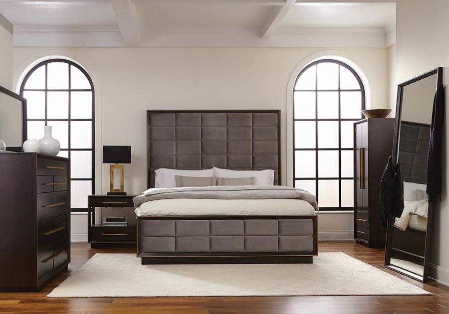 Coaster 223261Q 4 pc Durango smoked peppercorn finish wood grey velvet padded modern style queen headboard bedroom set