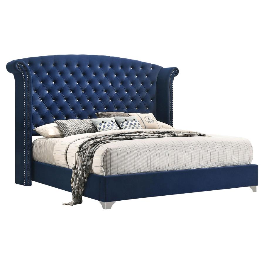 223371Q Ammelie 4-Piece Pacific Blue Velvet Tufted Queen Bedroom Set with Nail Head Trim