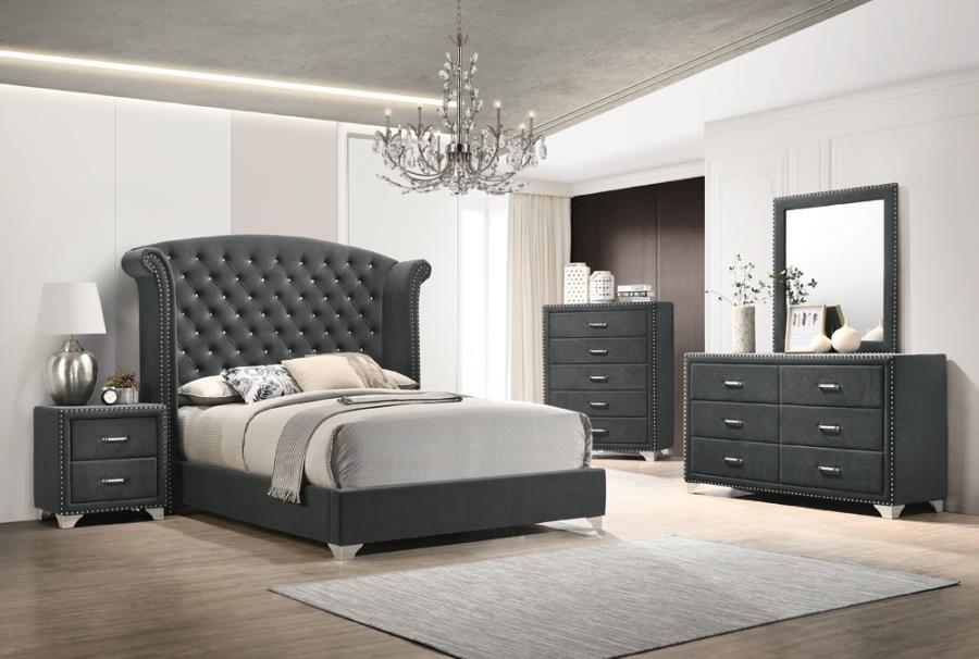 Coaster 223381Q 4 pc Rosdorf park ammelie melody grey velvet tufted queen bedroom set nail head tirm accents