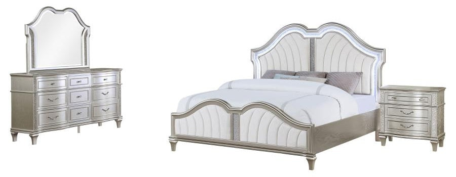 Coaster 223391Q-S4 4 pc Evengeline silver oak finish wood ivory fabric LED headboard queen bed set