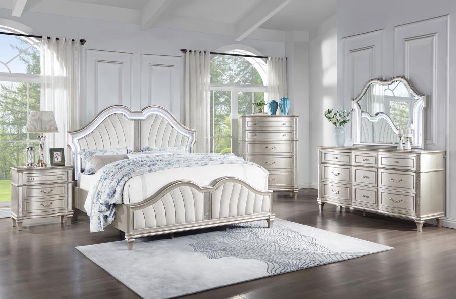 Coaster 223391Q-S4 4 pc Evengeline silver oak finish wood ivory fabric LED headboard queen bed set