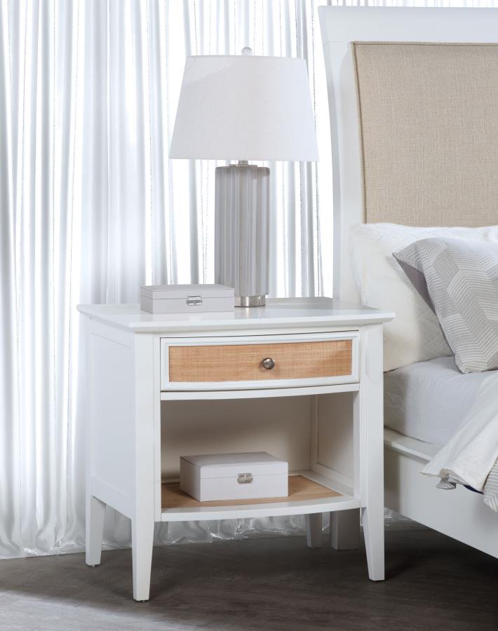 Coaster 223472 Bexhill white finish wood bedroom nightstand with rattan front panel