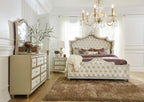 Coaster 223521Q 4 pc Antonella champagne finish wood ivory and camel velvet french inspired upholstered bedroom set
