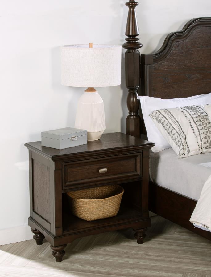 Coaster 223632 Andover dark oak finish wood bed side table nightstand with 1 drawer turned wood legs