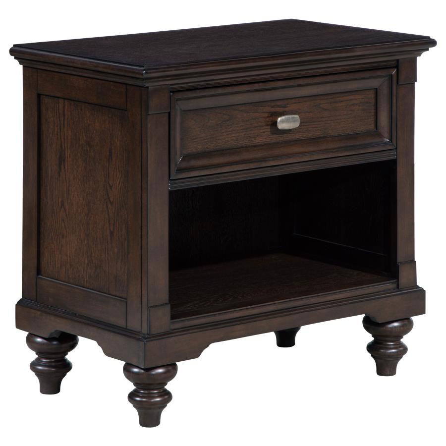 Coaster 223632 Andover dark oak finish wood bed side table nightstand with 1 drawer turned wood legs