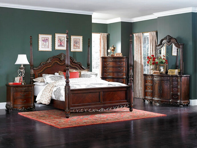 Homelegance 2243-4PC 4 pc deryn park cherry finish wood carved accents 4 poster bedroom set
