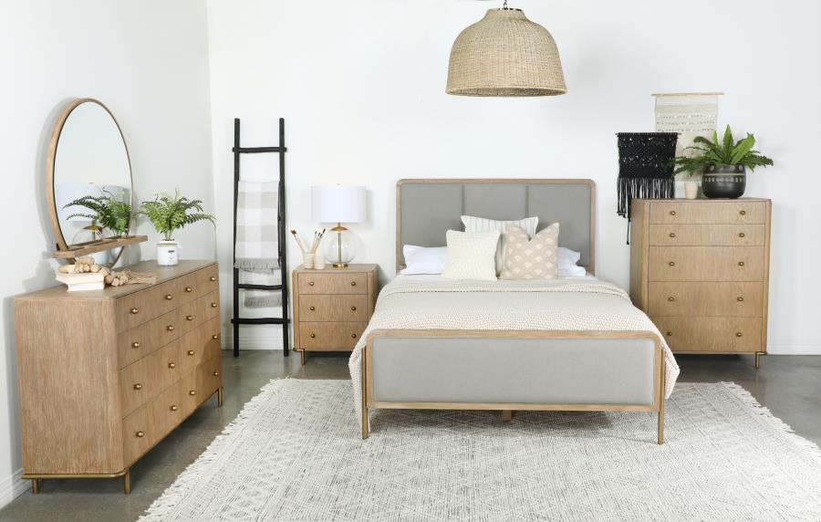 Coaster 224301Q 4 pc Arini sand wash finish wood grey fabric upholstered queen bedroom set