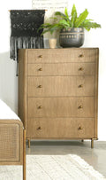 Coaster 224305 Arini sand wash finish wood retro modern 5 drawer tall chest aged brass metal accents