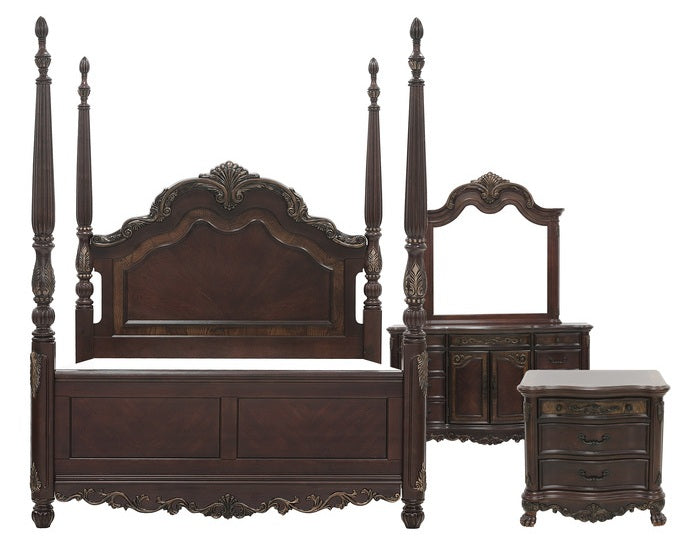 Homelegance 2243-4PC 4 pc deryn park cherry finish wood carved accents 4 poster bedroom set
