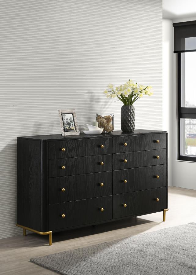 Coaster 224333 Arini black finish wood retro modern 8 drawer dresser aged brass metal accents