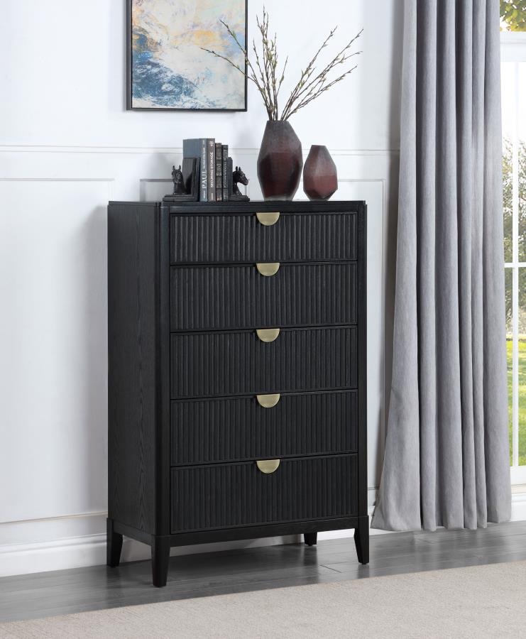 Coaster 224715 Brookmead black wire bushed finish wood 5 drawer tall chest fluted texturing highlights