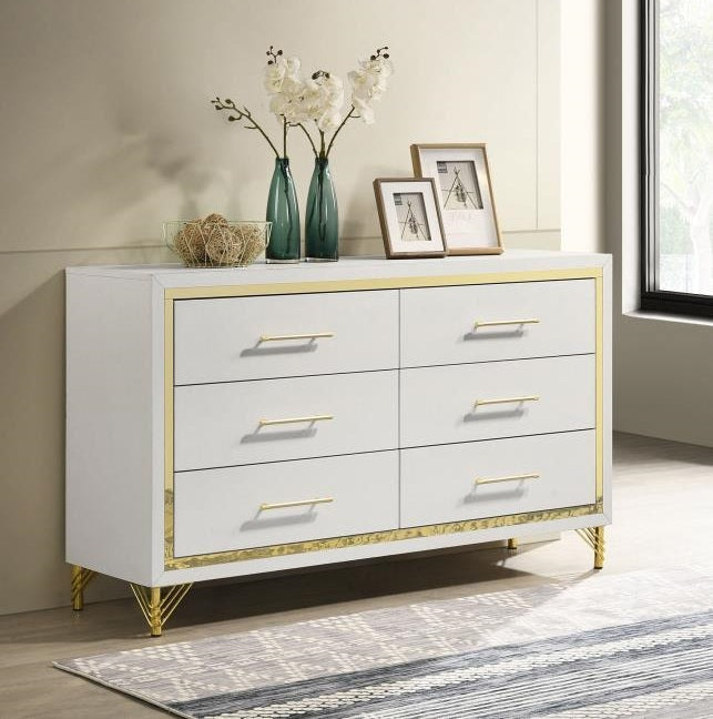 Coaster 224733 Lucia white finish wood gold accents 6 drawer dresser