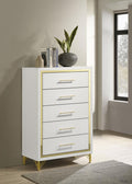 Coaster 224735 Lucia white finish wood gold accents 5 drawer tall chest