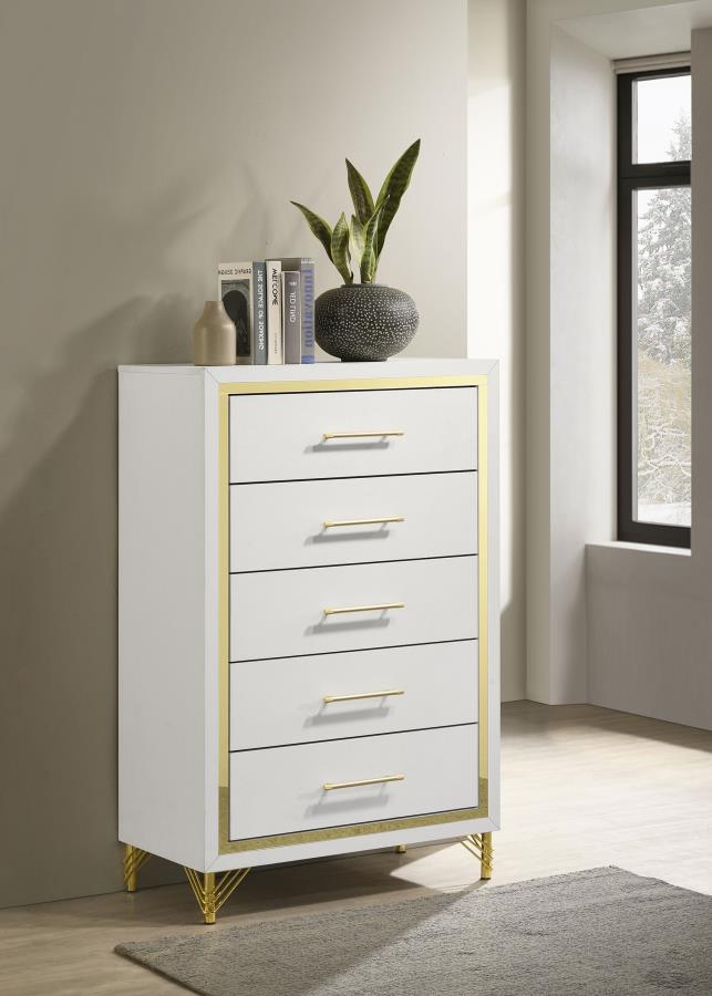 Coaster 224735 Lucia white finish wood gold accents 5 drawer tall chest