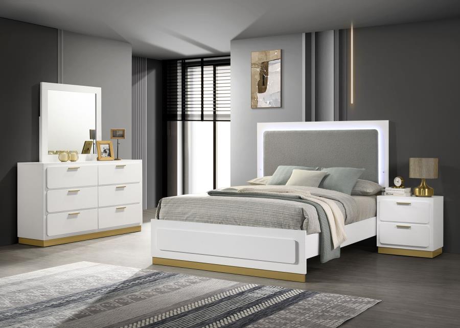 Coaster 224771Q-S4 4 pc Caraway white finish wood gold accents LED accent lighting light grey fabric headboard queen bedroom set