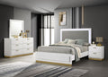 Coaster 224771Q-S4 4 pc Caraway white finish wood gold accents LED accent lighting light grey fabric headboard queen bedroom set
