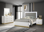 Coaster 224771Q-S4 4 pc Caraway white finish wood gold accents LED accent lighting light grey fabric headboard queen bedroom set