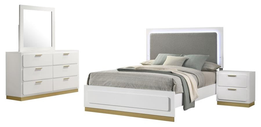 Coaster 224771Q-S4 4 pc Caraway white finish wood gold accents LED accent lighting light grey fabric headboard queen bedroom set