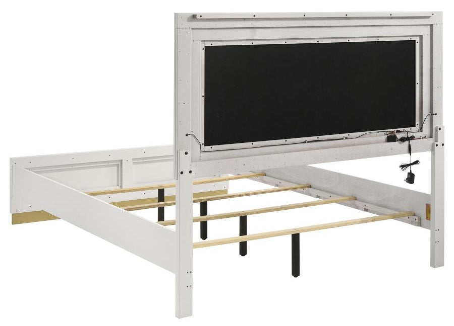 Coaster 224771Q-S4 4 pc Caraway white finish wood gold accents LED accent lighting light grey fabric headboard queen bedroom set