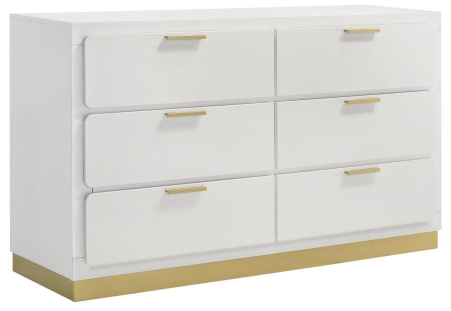 Coaster 224771Q-S4 4 pc Caraway white finish wood gold accents LED accent lighting light grey fabric headboard queen bedroom set