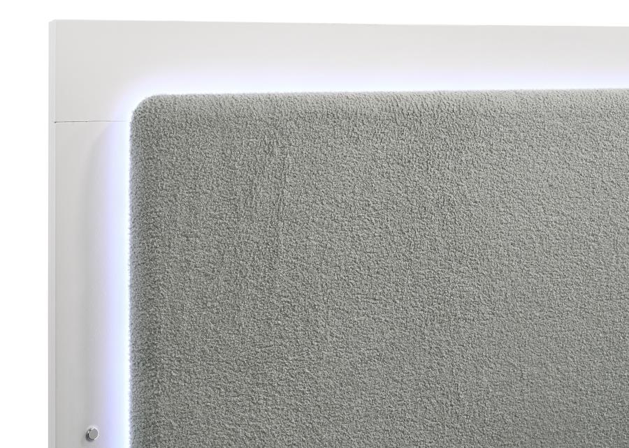 Coaster 224771Q-S4 4 pc Caraway white finish wood gold accents LED accent lighting light grey fabric headboard queen bedroom set