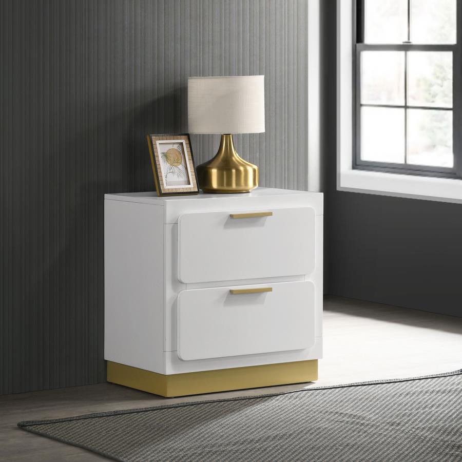 Coaster 224772 Caraway white finish wood bed side table nightstand with 2 drawers gold accents