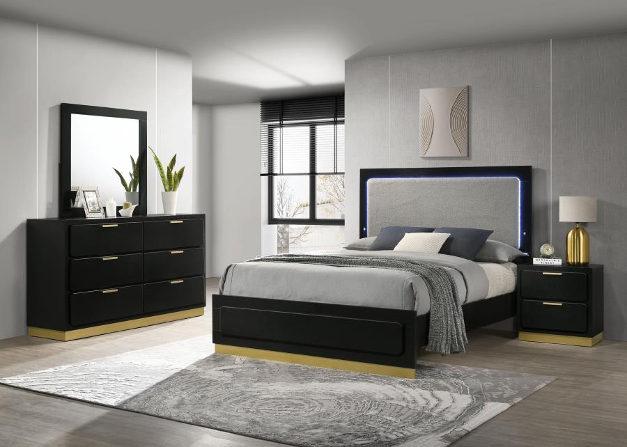 Coaster 224781Q-S4 4 pc Caraway black finish wood gold accents LED accent lighting light grey fabric headboard queen bedroom set