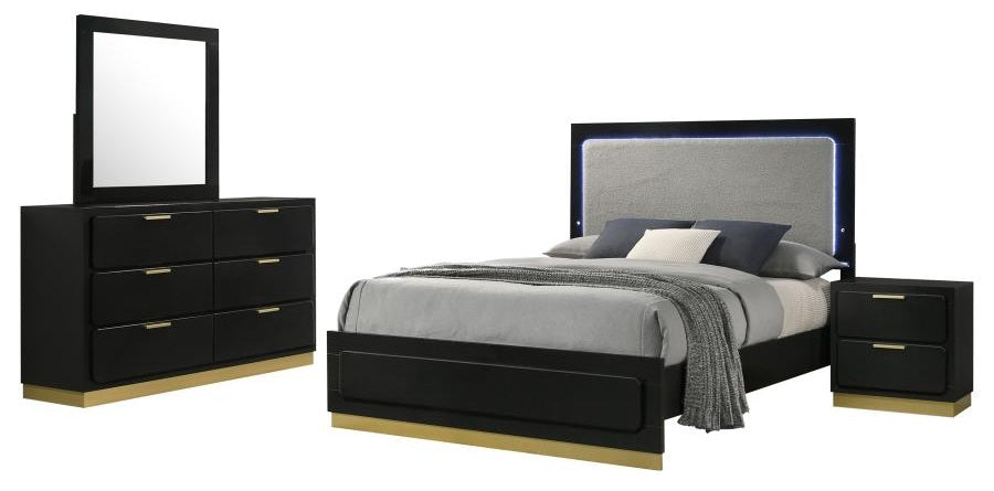 Coaster 224781Q-S4 4 pc Caraway black finish wood gold accents LED accent lighting light grey fabric headboard queen bedroom set