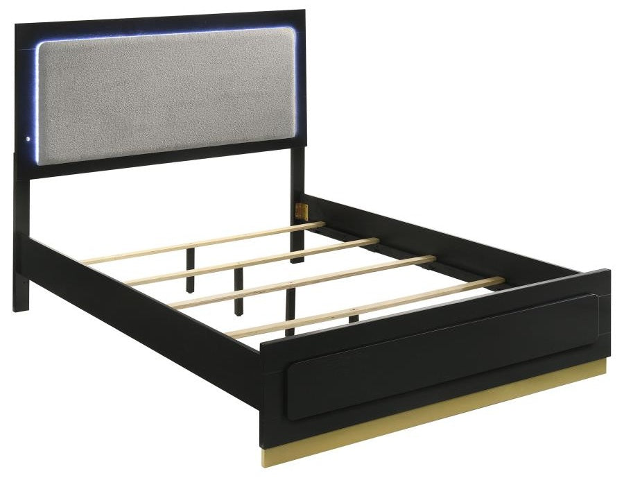 Coaster 224781Q-S4 4 pc Caraway black finish wood gold accents LED accent lighting light grey fabric headboard queen bedroom set