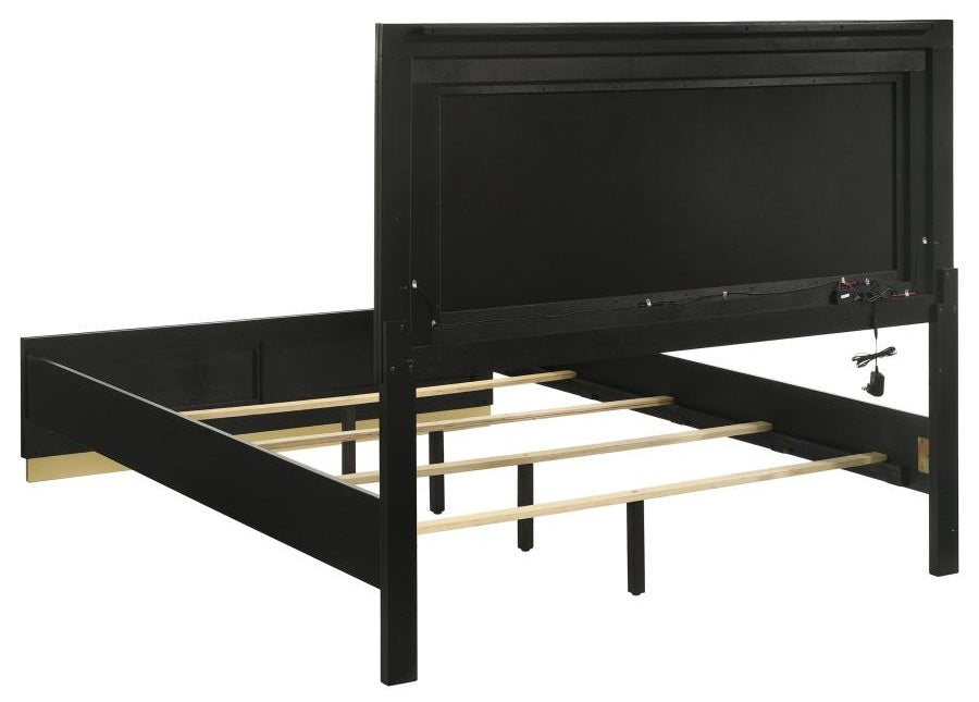 Coaster 224781Q-S4 4 pc Caraway black finish wood gold accents LED accent lighting light grey fabric headboard queen bedroom set