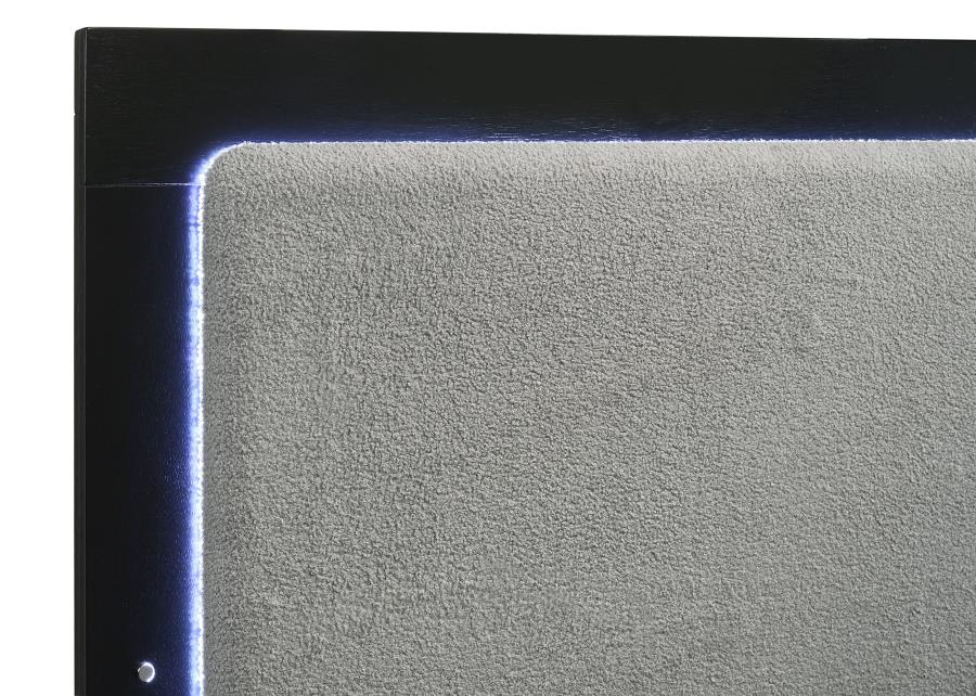 Coaster 224781Q-S4 4 pc Caraway black finish wood gold accents LED accent lighting light grey fabric headboard queen bedroom set