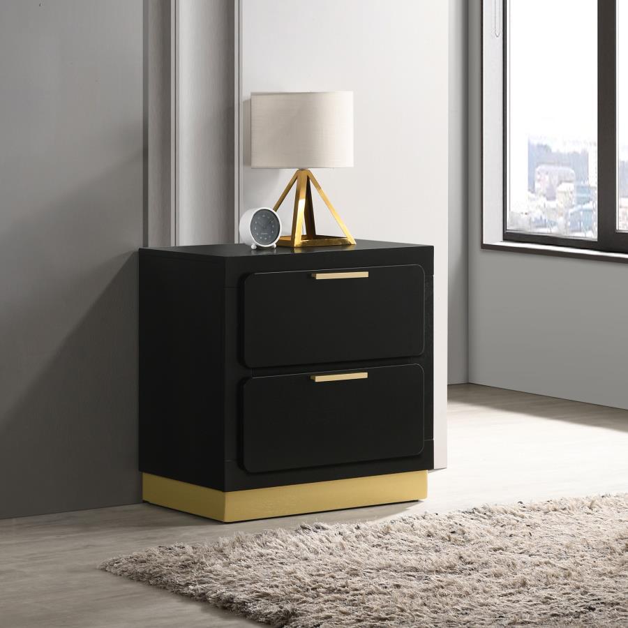 Coaster 224782 Caraway black high gloss finish wood bed side table nightstand with 2 drawers gold accents