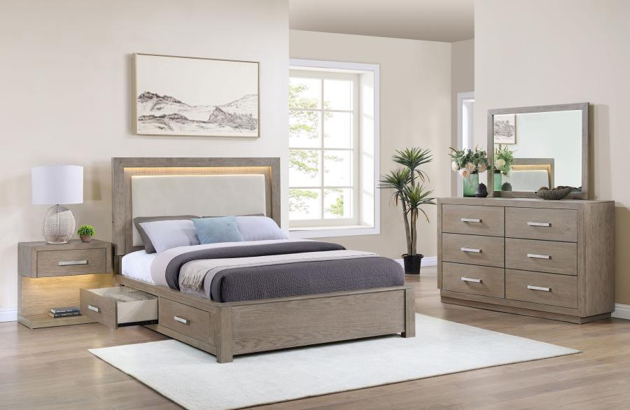 Coaster 224850Q-S4 4 pc Kenora barley brown finish wood beige fabric LED accent headboard queen bedroom set