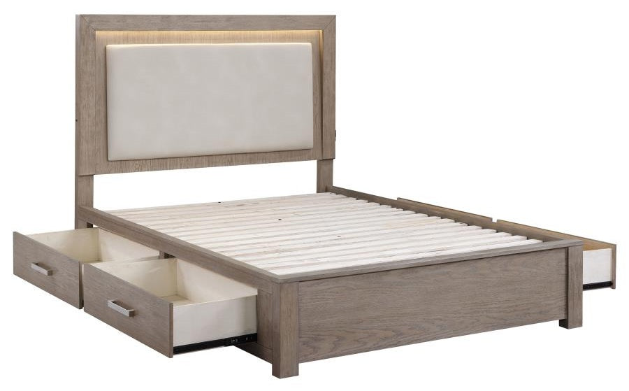 Coaster 224850Q-S4 4 pc Kenora barley brown finish wood beige fabric LED accent headboard queen bedroom set