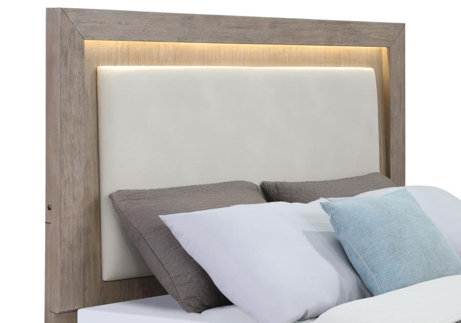 Coaster 224850Q-S4 4 pc Kenora barley brown finish wood beige fabric LED accent headboard queen bedroom set