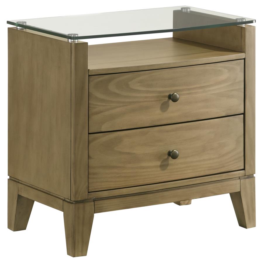 Coaster 224922 Granada natural pine finish wood glass top bed side table nightstand with 2 drawers