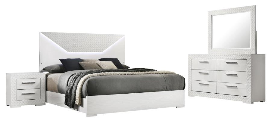 Coaster 224941Q-S4 4 pc Ives white high gloss finish wood LED accent lighting queen bedroom set diamond pattern accents