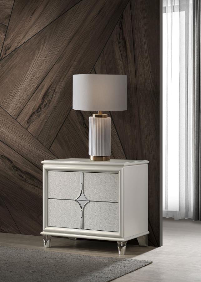 Coaster 224952 Olivia pearl white finish wood 2 drawer nightstand acrylic legs