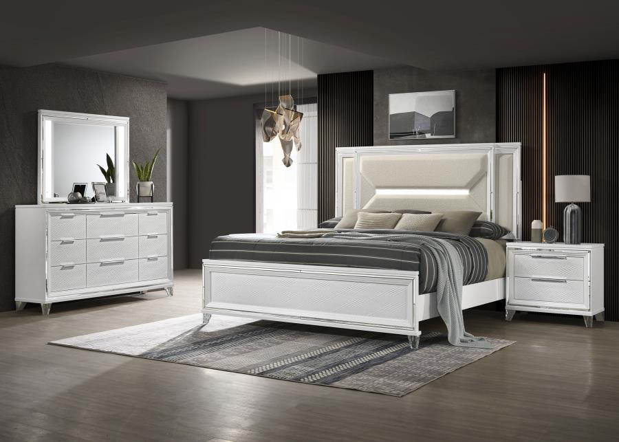 Coaster 224961Q-S4 4 pc Marmore white finish wood off white boucle fabric headboard queen bedroom set LED accent lighting
