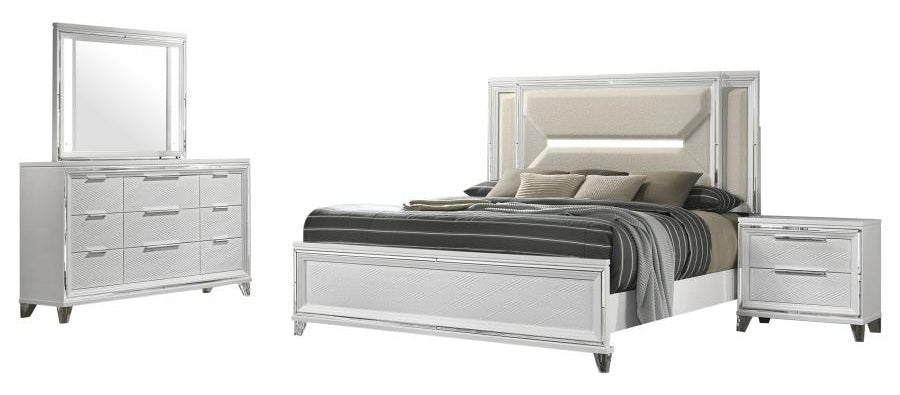 Coaster 224961Q-S4 4 pc Marmore white finish wood off white boucle fabric headboard queen bedroom set LED accent lighting