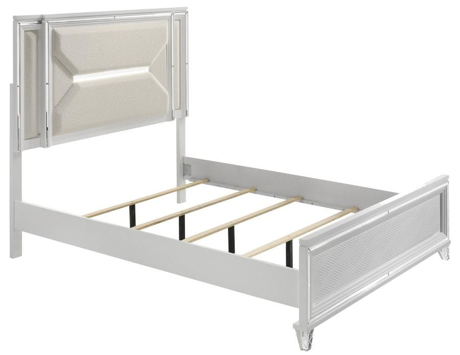 Coaster 224961Q-S4 4 pc Marmore white finish wood off white boucle fabric headboard queen bedroom set LED accent lighting