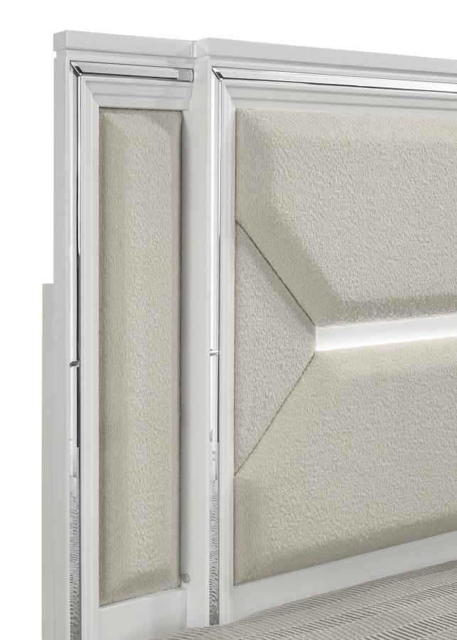 Coaster 224961Q-S4 4 pc Marmore white finish wood off white boucle fabric headboard queen bedroom set LED accent lighting