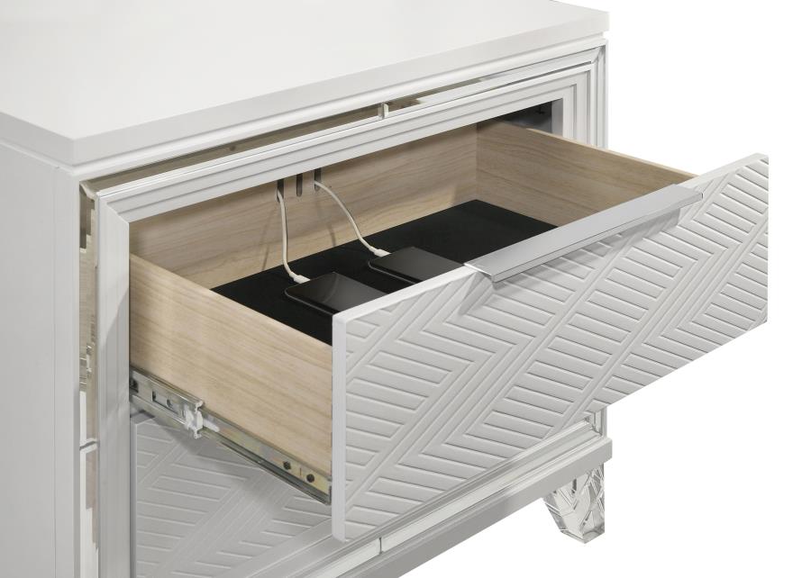 Coaster 224961Q-S4 4 pc Marmore white finish wood off white boucle fabric headboard queen bedroom set LED accent lighting