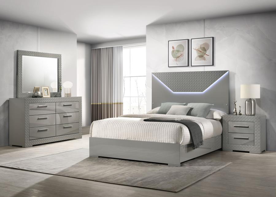 Coaster 224971Q-S4 4 pc Ives grey high gloss finish wood LED accent lighting queen bedroom set diamond pattern accents
