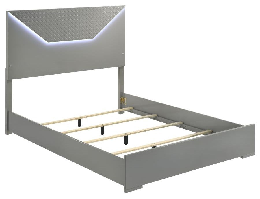 Coaster 224971Q-S4 4 pc Ives grey high gloss finish wood LED accent lighting queen bedroom set diamond pattern accents