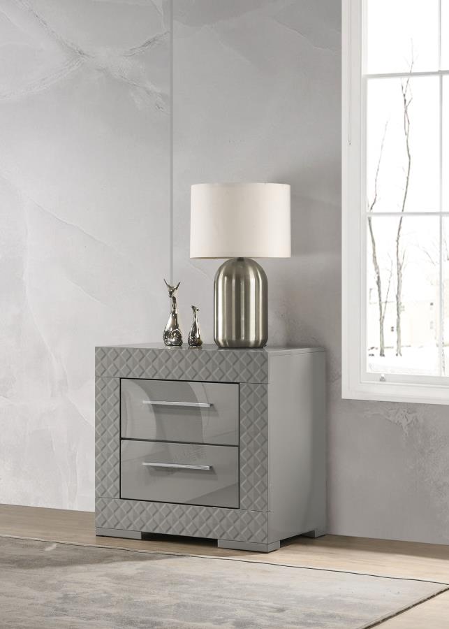 Coaster 224972 Ives grey high gloss finish wood bed side table nightstand with 2 drawers diamond pattern front