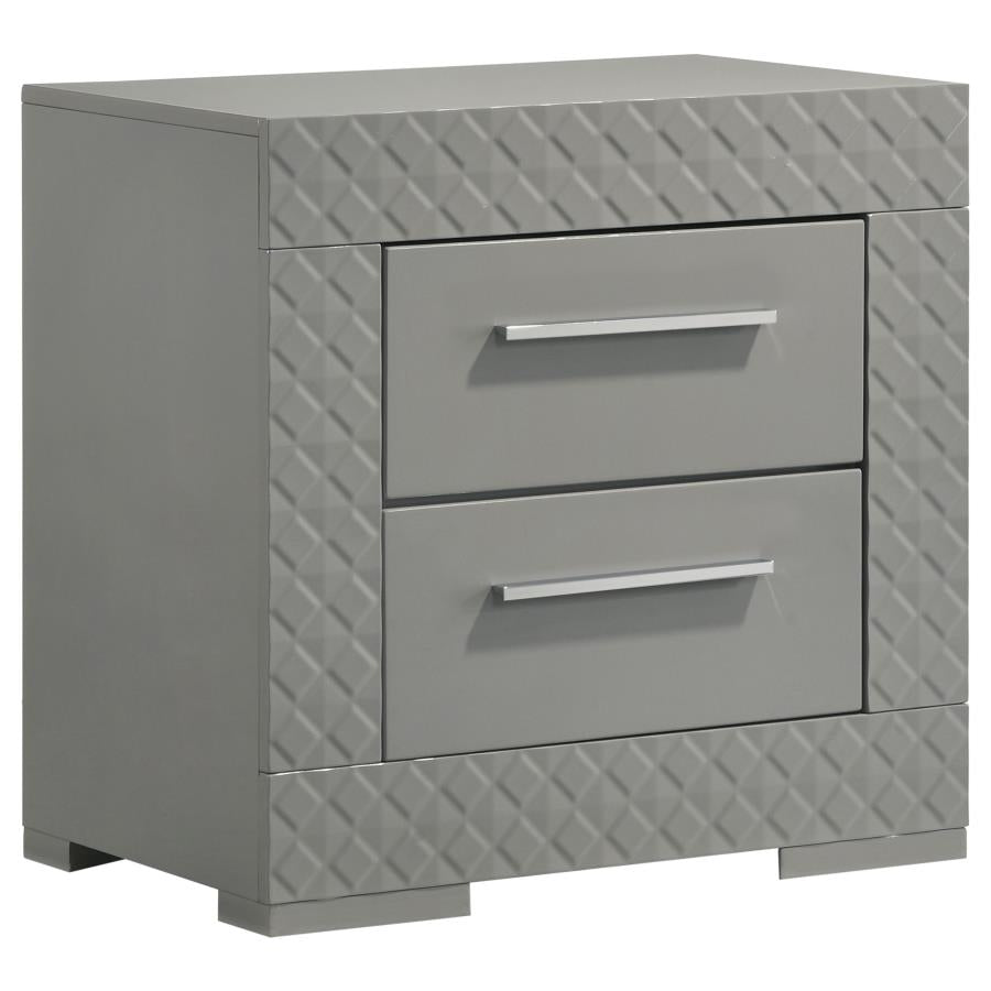 Coaster 224972 Ives grey high gloss finish wood bed side table nightstand with 2 drawers diamond pattern front