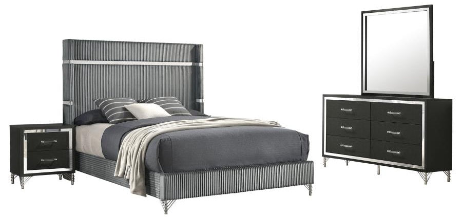 Coaster 224991Q-S4 4 pc Lucia black and silver finish wood grey velvet upholstered queen bedroom set