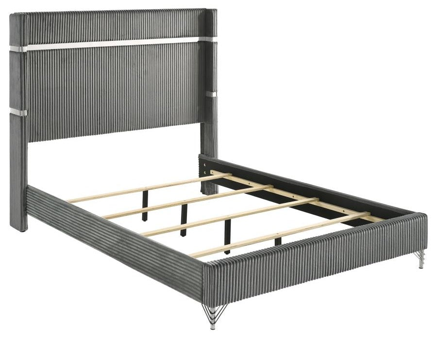 Coaster 224991Q-S4 4 pc Lucia black and silver finish wood grey velvet upholstered queen bedroom set