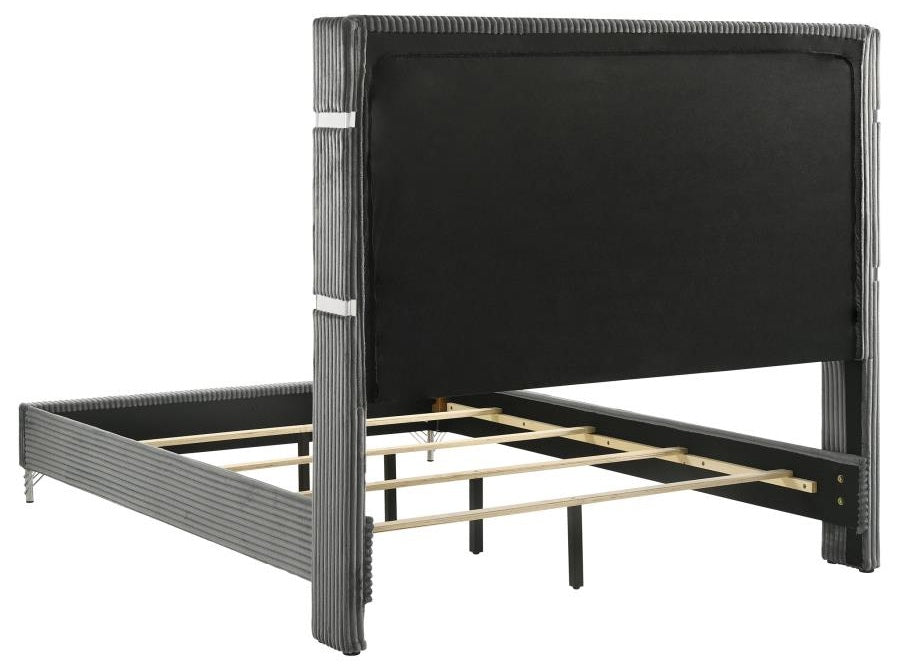 Coaster 224991Q-S4 4 pc Lucia black and silver finish wood grey velvet upholstered queen bedroom set